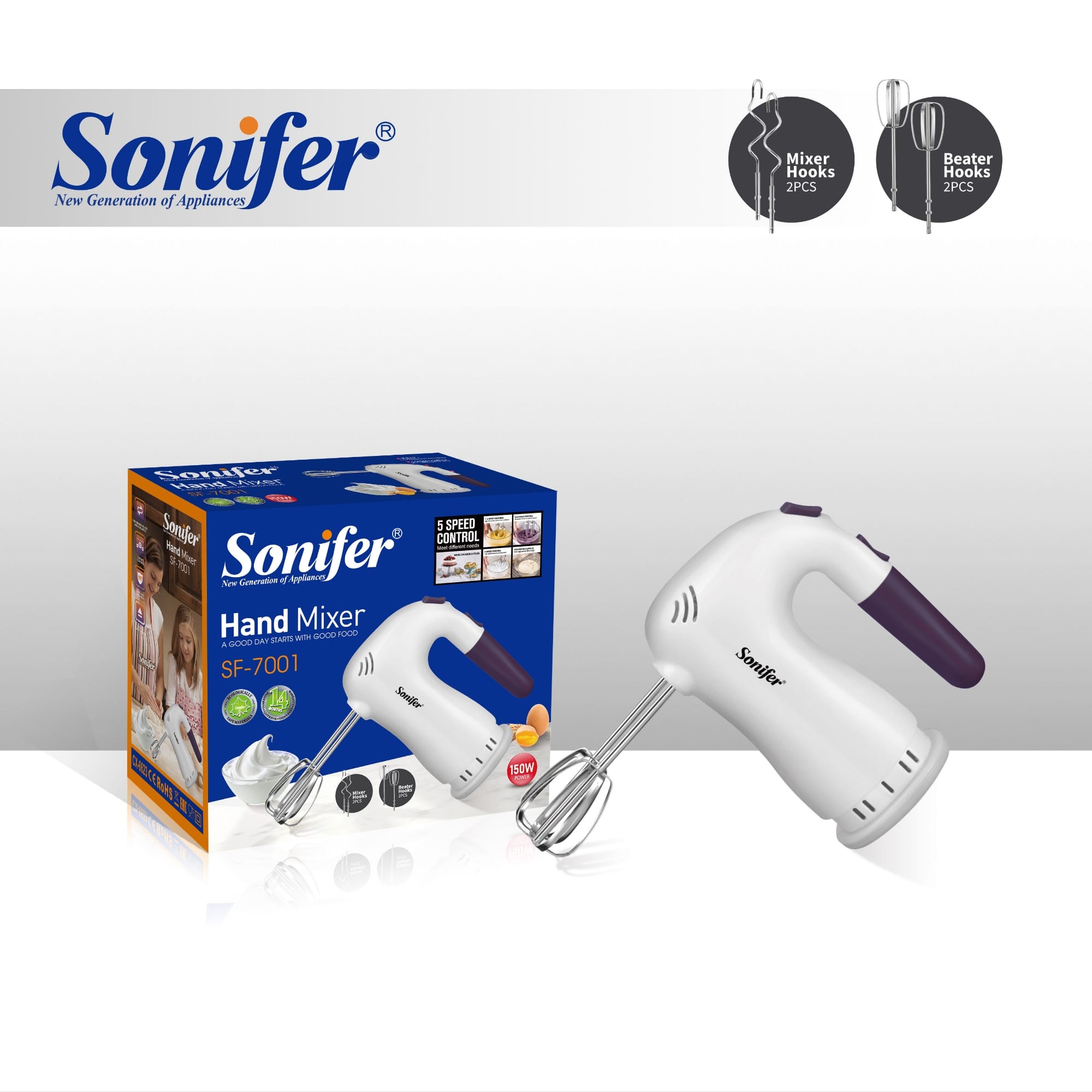 Picture of Sonifer SF-7001 affordable and budget friendly household 220 volt with beater dough hook electric 5 speed hand mixer - White