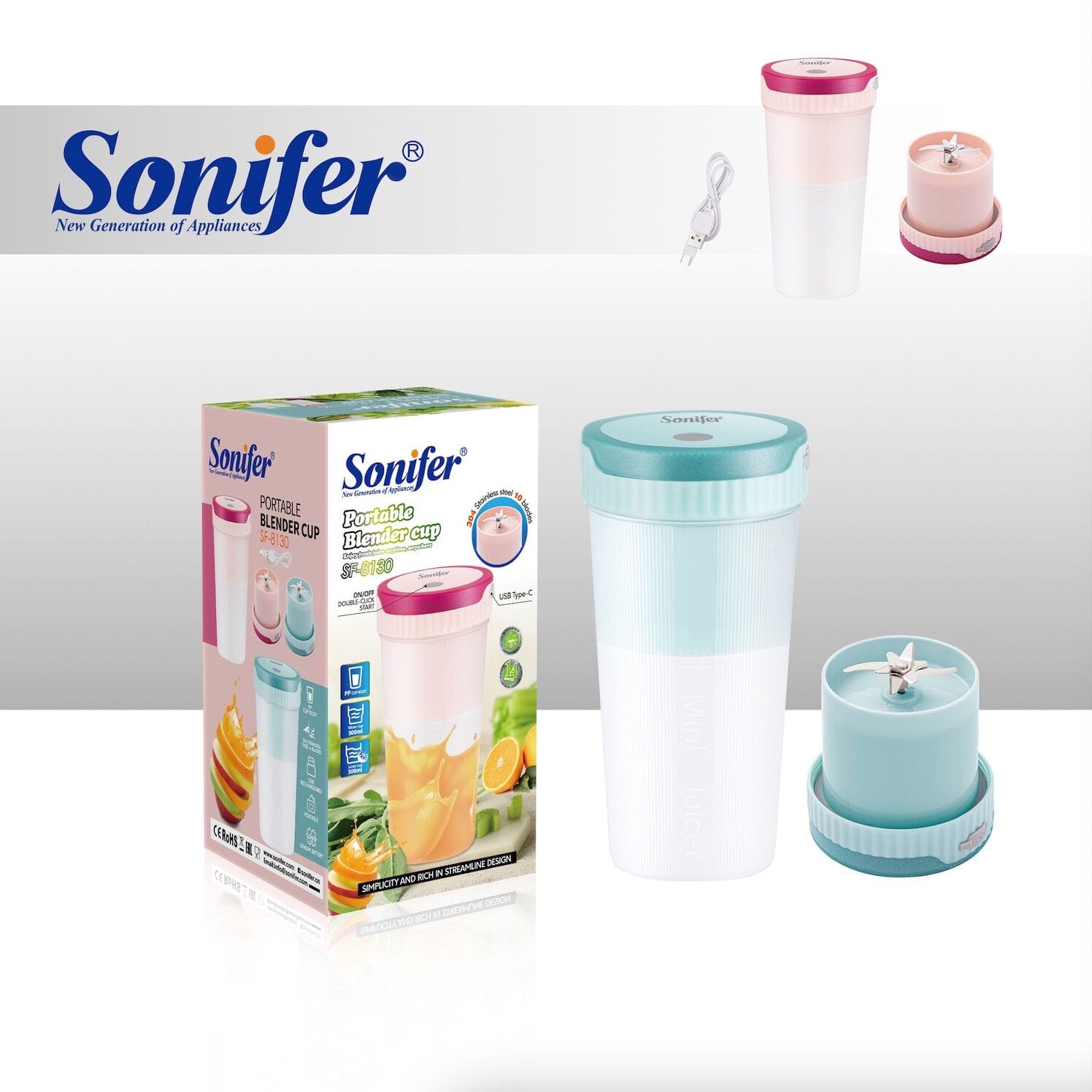 Picture of Sonifer SF-8130 Multi-function Custom Portable Mixer Usb Type-C Blender Cup Ice Portable Mini Cup Juicer for Travel Home Use