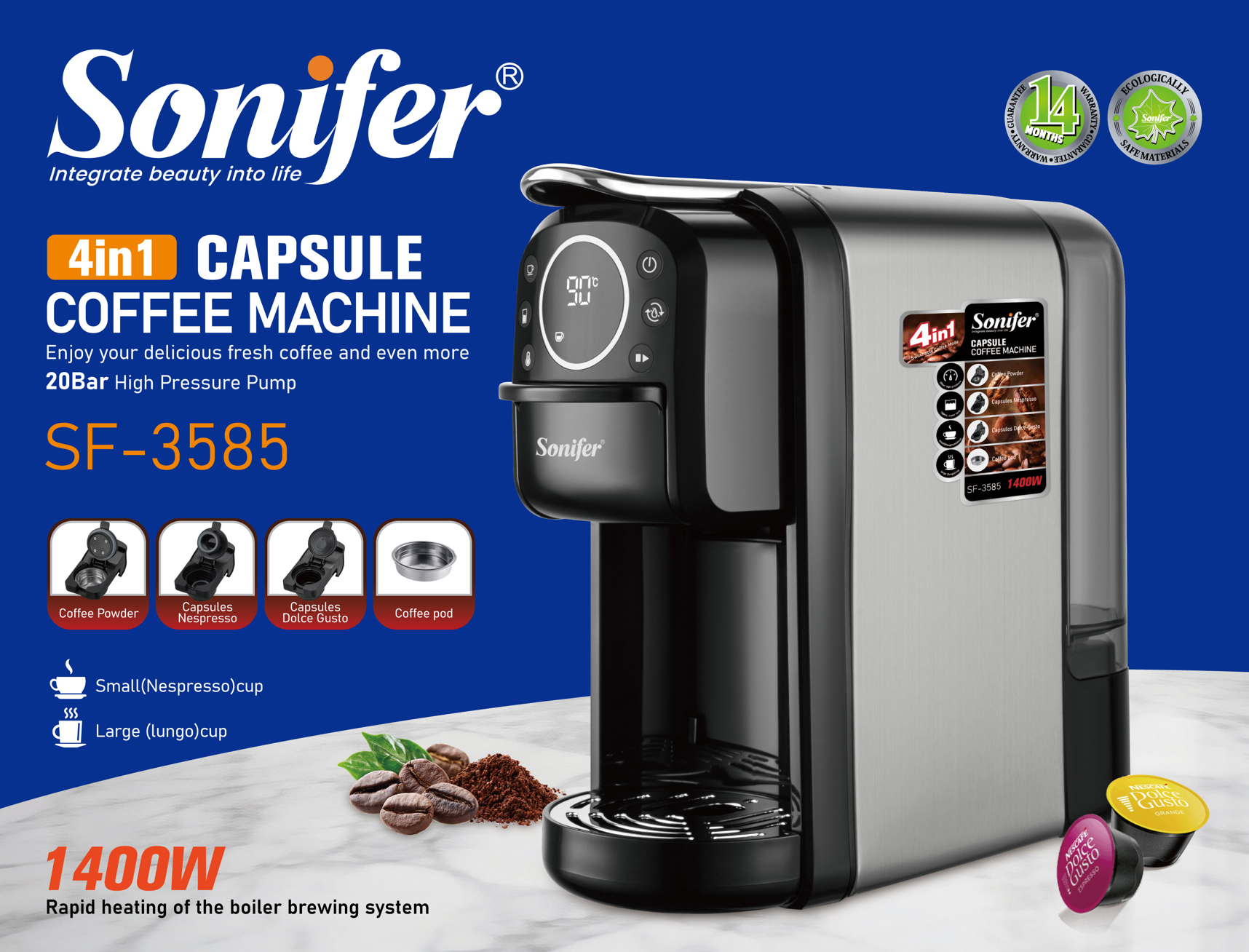 Picture of Sonifer SF – 3585 4 – in – 1 Home Use Espresso Capsule Coffee Machine, 700ml Water Tank, 20 Bar Pressure Capacity, 1400W - Dark Ash