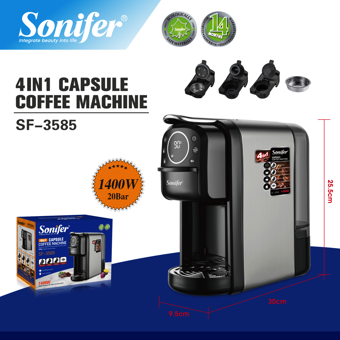 Picture of Sonifer SF – 3585 4 – in – 1 Home Use Espresso Capsule Coffee Machine, 700ml Water Tank, 20 Bar Pressure Capacity, 1400W - Dark Ash
