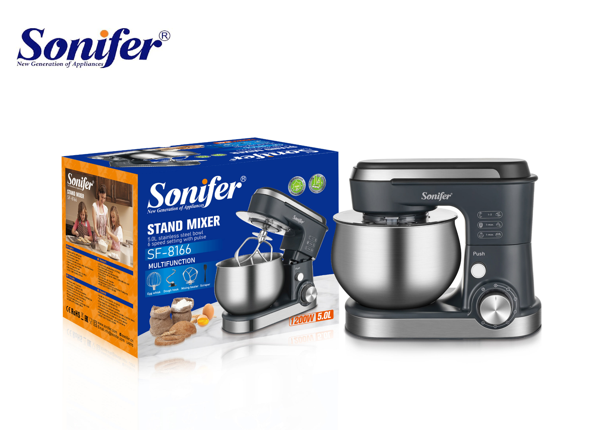 Picture of Sonifer SF – 8166 Stand Mixer: 6 – Speed Pulse, 5L Bowl, 1200W - Grey