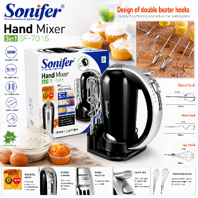 Picture of Sonifer SF-7015 multifunctional household 300 watt with base electric hook whisk egg beater 3 in 1 hand mixer set - Black