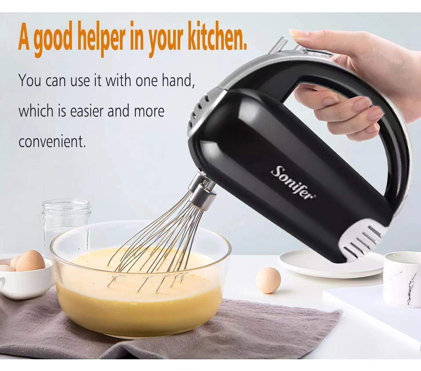 Picture of Sonifer SF-7015 multifunctional household 300 watt with base electric hook whisk egg beater 3 in 1 hand mixer set - Black