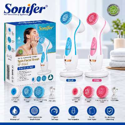 Picture of Sonifer SF – 9661 Spin Facial Brush USB Rechargeable with liquid protection: IPx5 Waterproof & Versatile with 3 replaceable brush heads