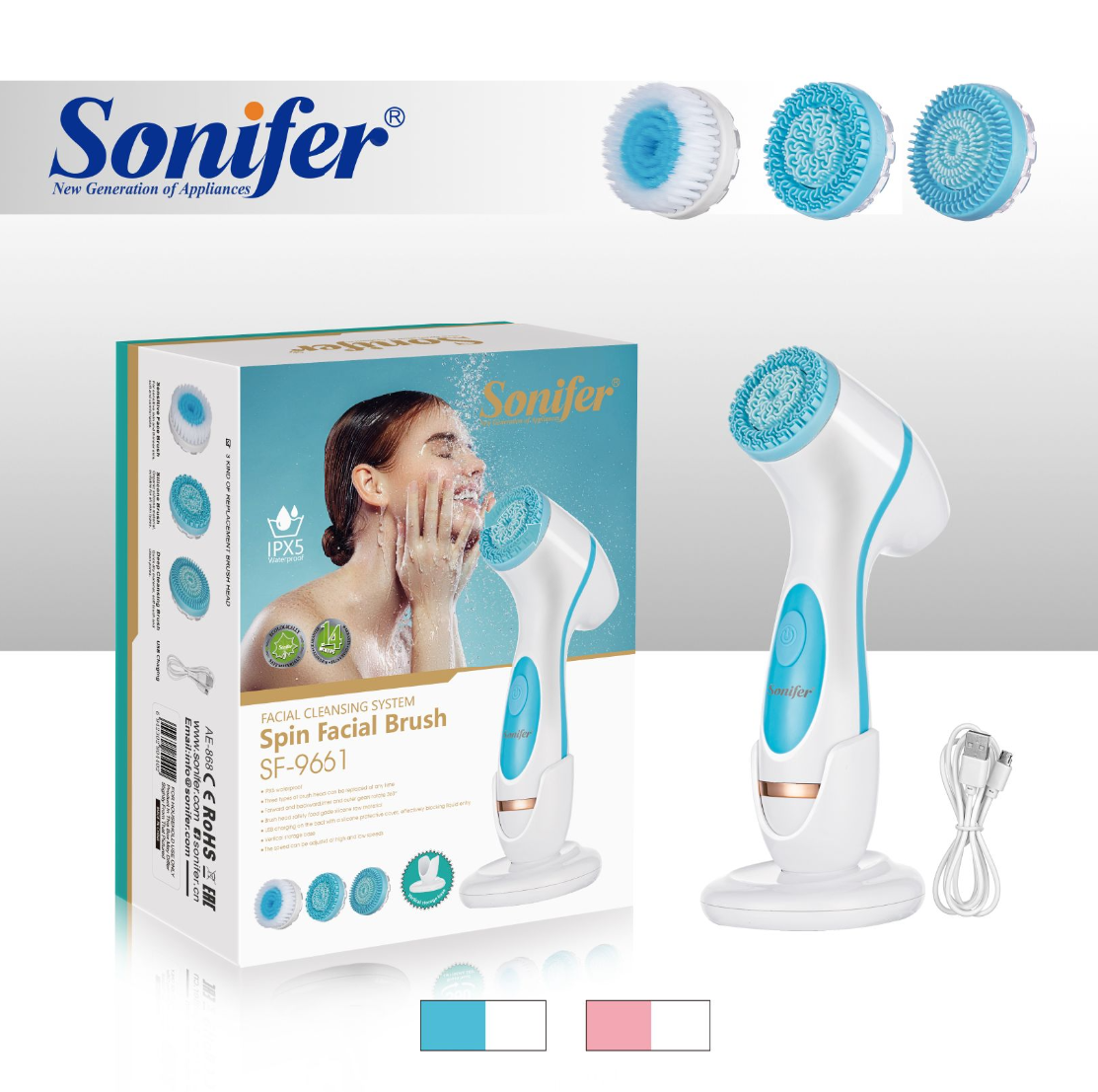 Picture of Sonifer SF – 9661 Spin Facial Brush USB Rechargeable with liquid protection: IPx5 Waterproof & Versatile with 3 replaceable brush heads