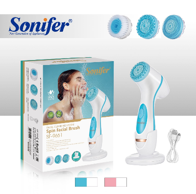 Picture of Sonifer SF – 9661 Spin Facial Brush USB Rechargeable with liquid protection: IPx5 Waterproof & Versatile with 3 replaceable brush heads