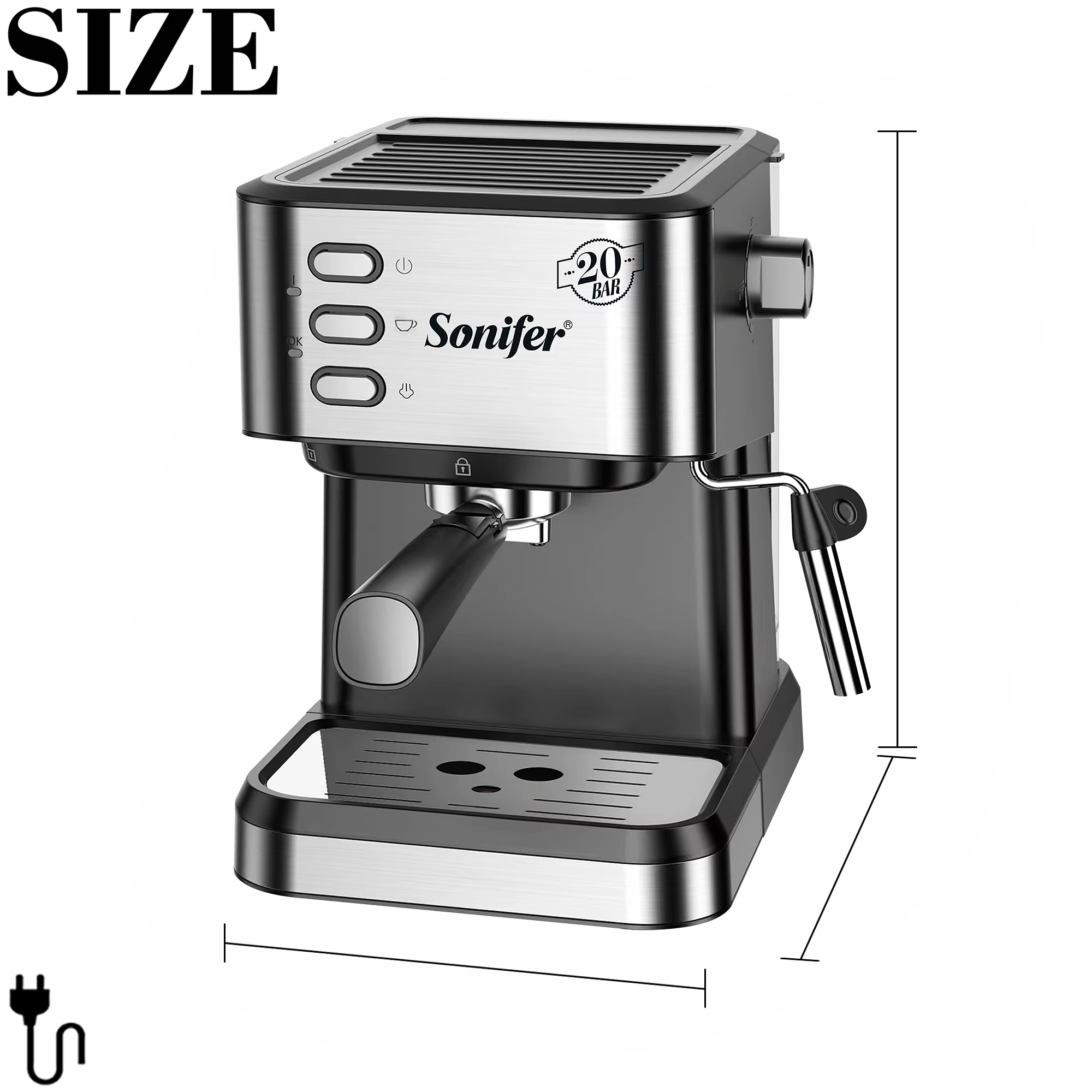 Picture of Sonifer SF-3574 Home Use 220V High Quality 20 bar 1.5L Water Tank Electric Steam Coffee Machine Espresso Coffee Maker - Silver
