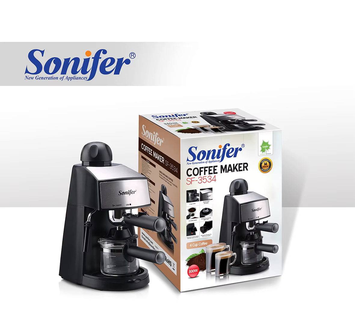 Picture of Sonifer SF-3534 small 3.5 bar pressure 220V home electric espresso coffee maker - Black