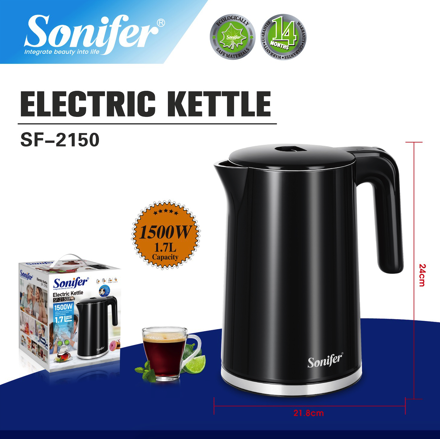 Picture of Sonifer SF – 2150 1.7L Electric Kettle: Stainless, Auto – Off, 360° Base with anti-dry burning protection - Black