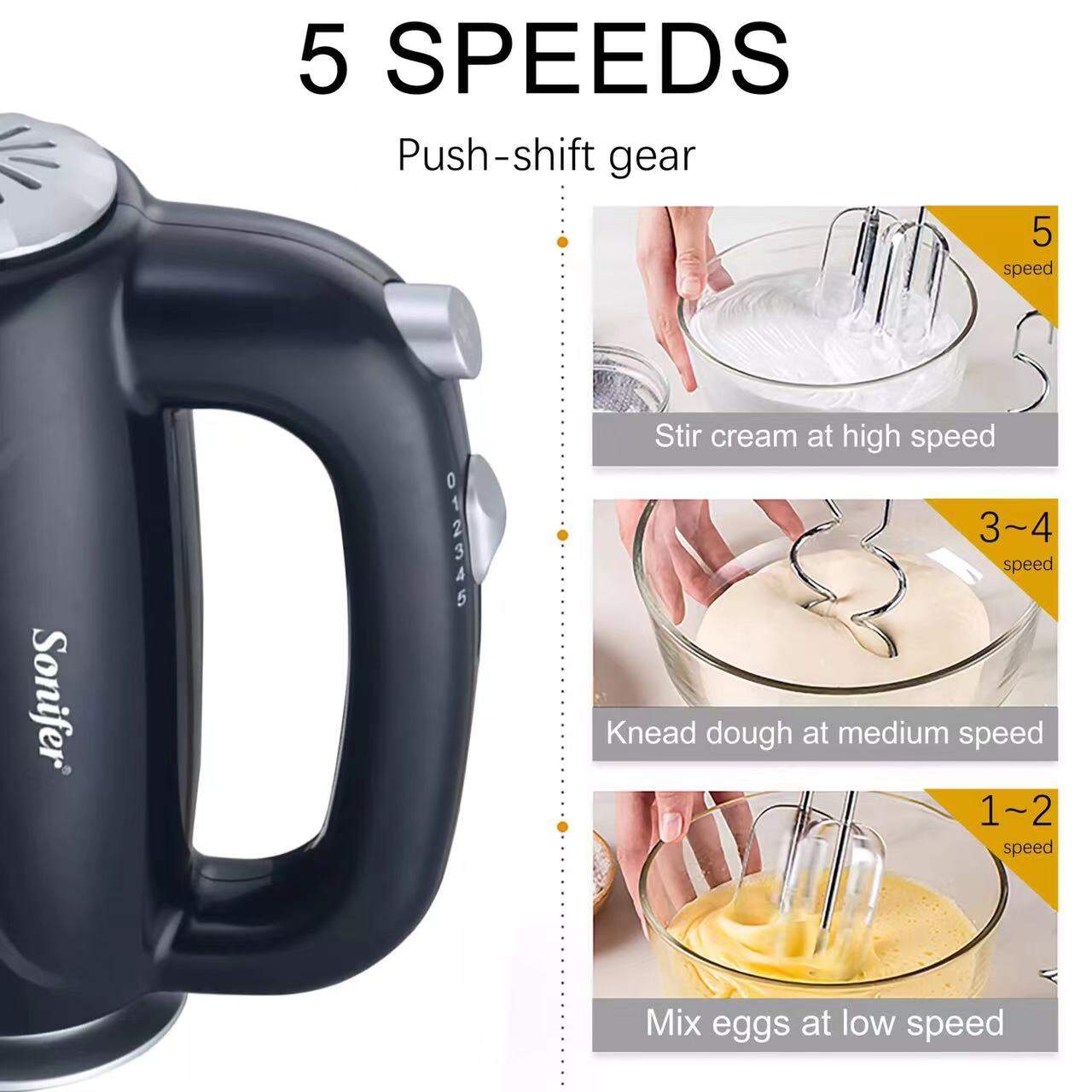 Picture of Sonifer SF-7012 professional kitchen 250w 5 speeds steel dough hooks and beater mini electric hand mixer - Black