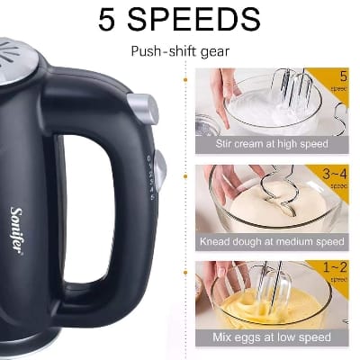 Picture of Sonifer SF-7012 professional kitchen 250w 5 speeds steel dough hooks and beater mini electric hand mixer - Black
