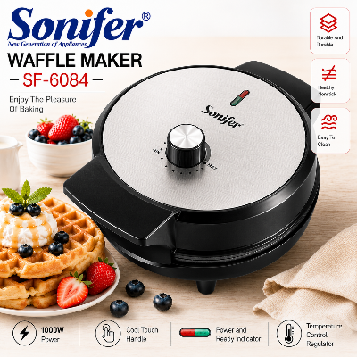 Picture of Sonifer SF-6084 wholesale household 220v thermostat control parts round plate electric small waffle maker - Black
