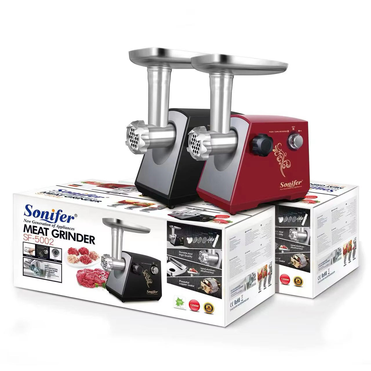 Picture of Sonifer SF-5002 hot sale household 1200w copper motor 3pcs metal disc electric meat grinder