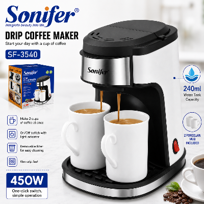 Picture of Sonifer SF-3540 affordable home use 220V electric filter 2 cups drip coffee maker set - Black