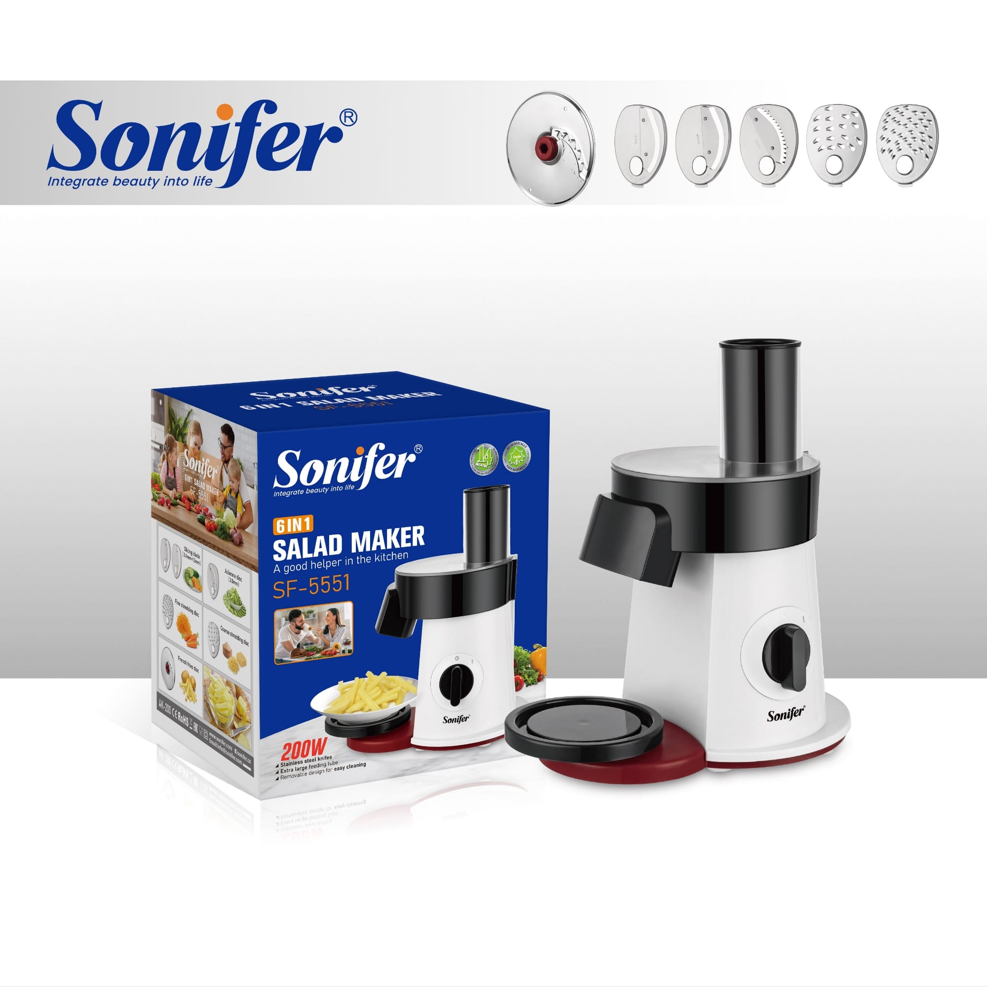 Picture of Sonifer SF–5551 6 in 1 Salad Maker: 6 Stainless Discs, Extra – Large Tube - 