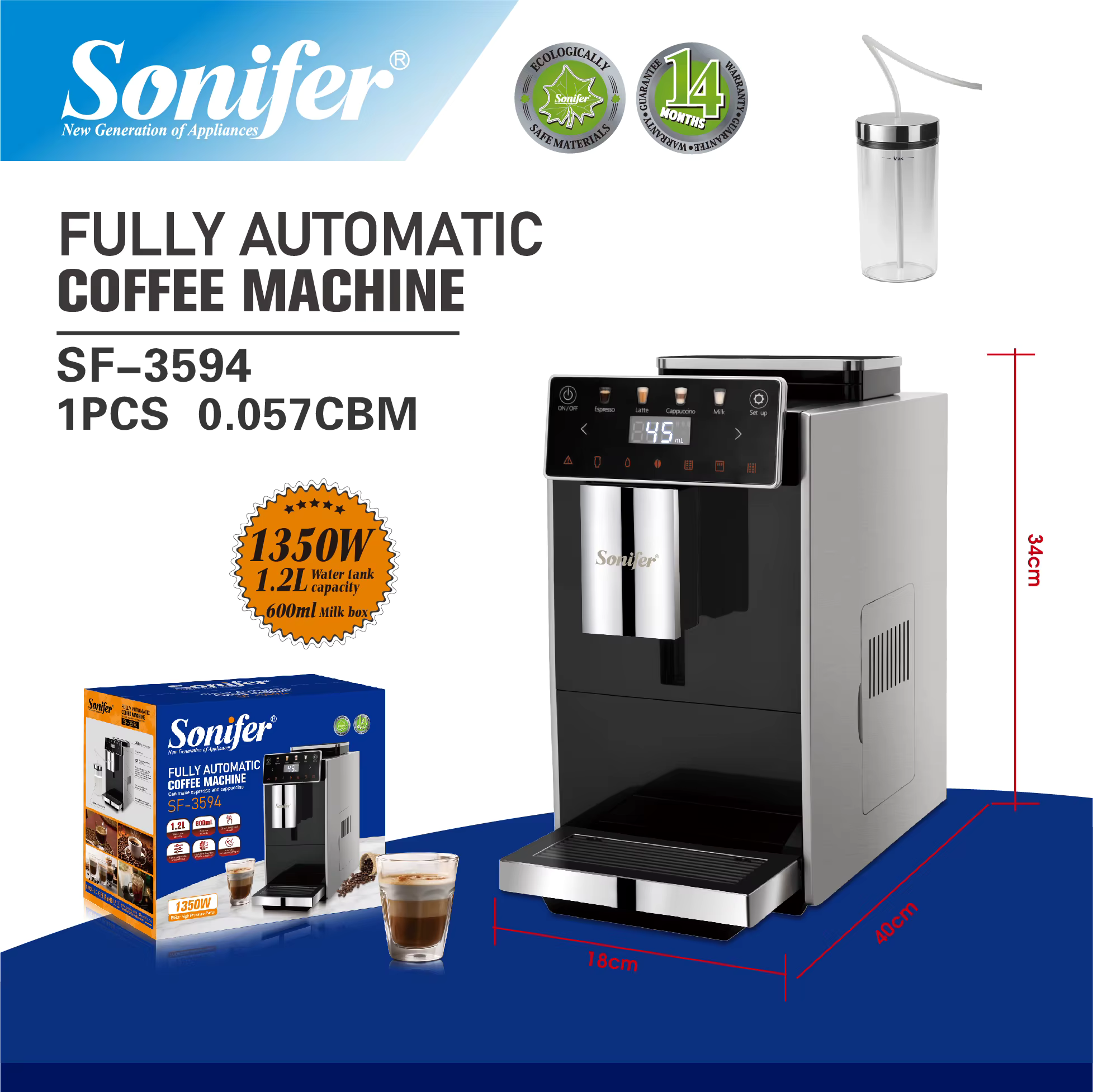 Picture of Sonifer SF-3594 Best-selling Fully-automatic Espresso Intelligent Cappuccino Latte Coffee Maker Machine - Black