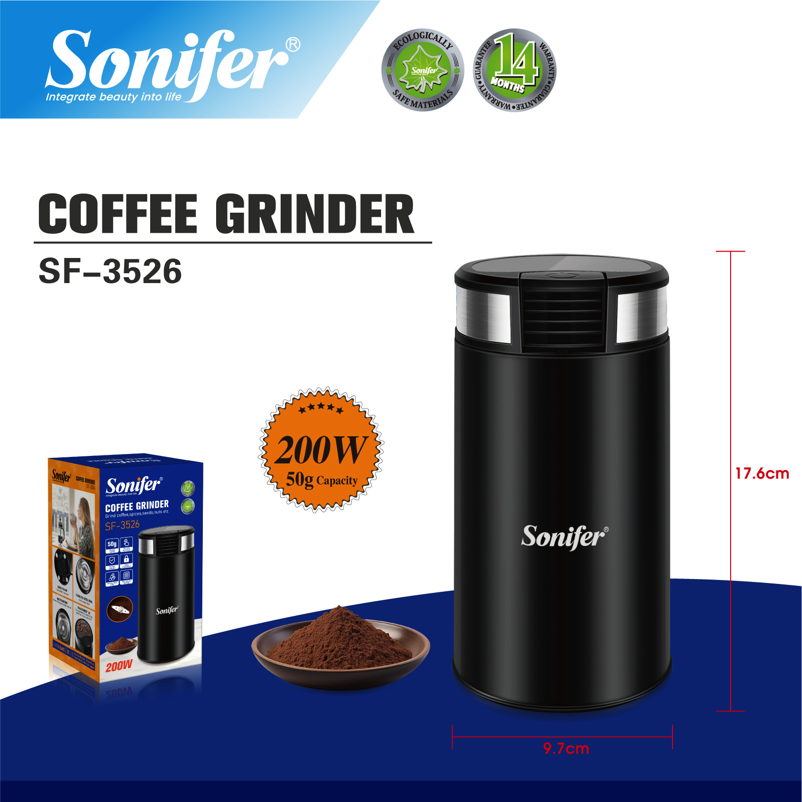 Picture of Sonifer SF-3526 Hot Sale Premium Household 220V Powerful Motor Multifunctional Small Electric Coffee Grinder - Black