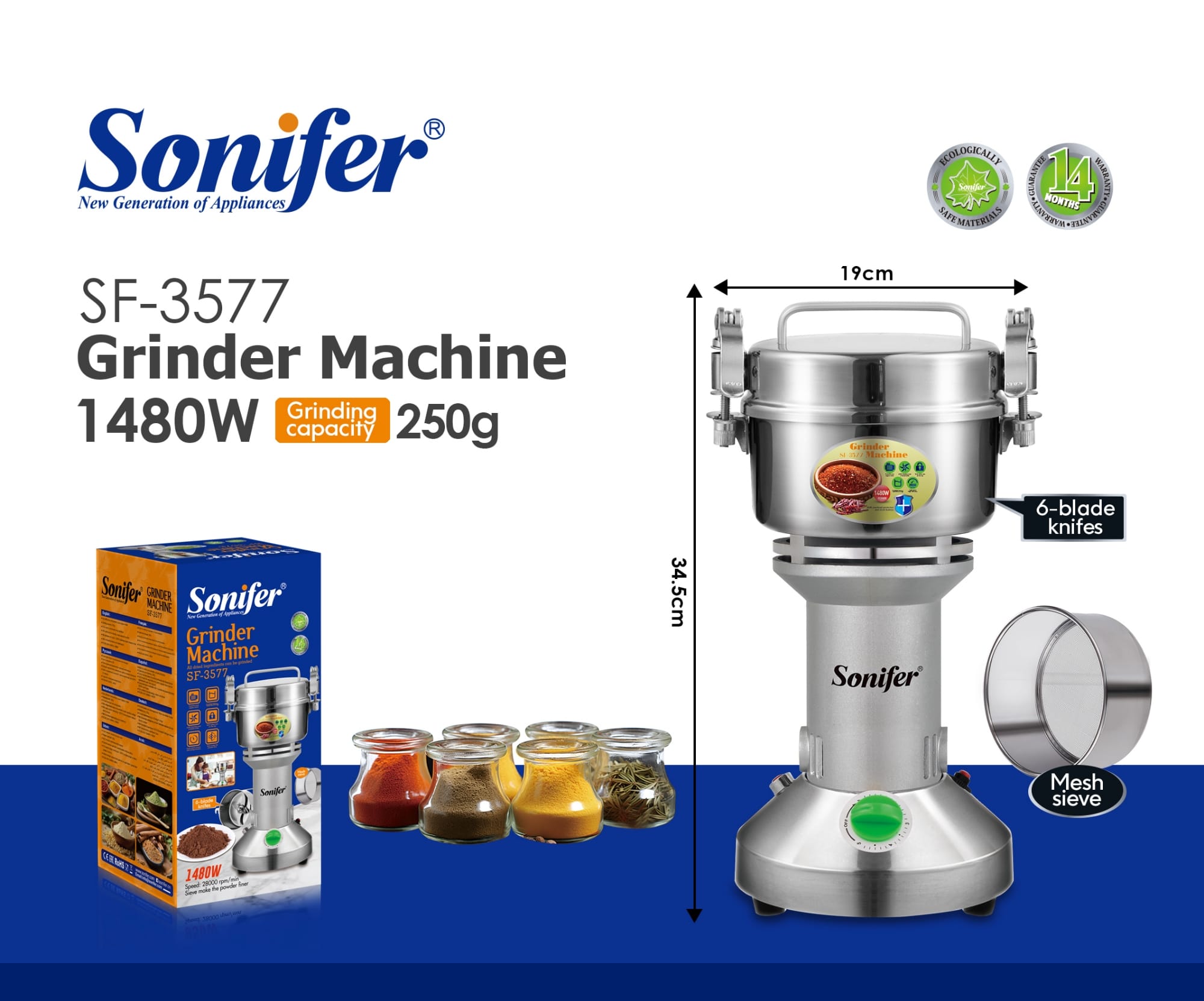 Picture of Sonifer SF-3577 Multifunctional 5 Adjustable High Speed 250 Gram Grinding Capacity Grinder Electric Kitchen Coffee Beans High Quality Grinder - Silver