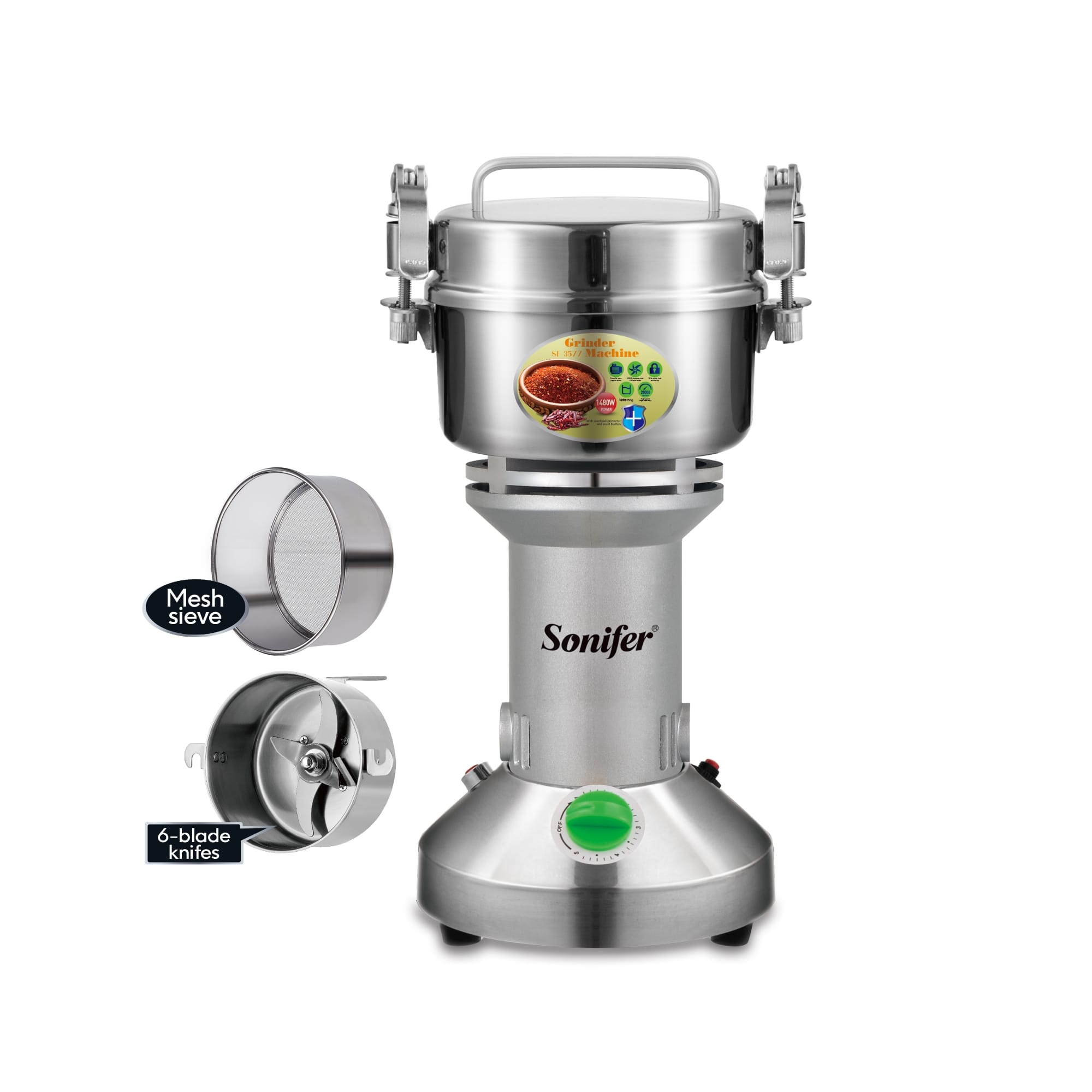 Picture of Sonifer SF-3577 Multifunctional 5 Adjustable High Speed 250 Gram Grinding Capacity Grinder Electric Kitchen Coffee Beans High Quality Grinder - Silver