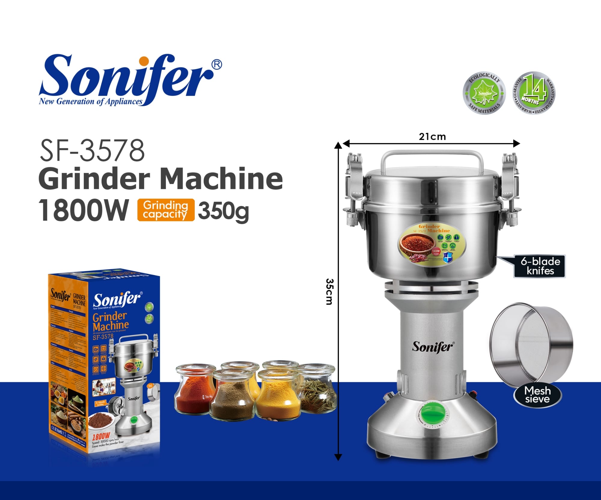 Picture of Sonifer SF-3578 Multifunctional 5 Adjustable High Speed POWER Grinder Electric Kitchen Coffee Beans Grinder 350g Grinding Machines - Silver