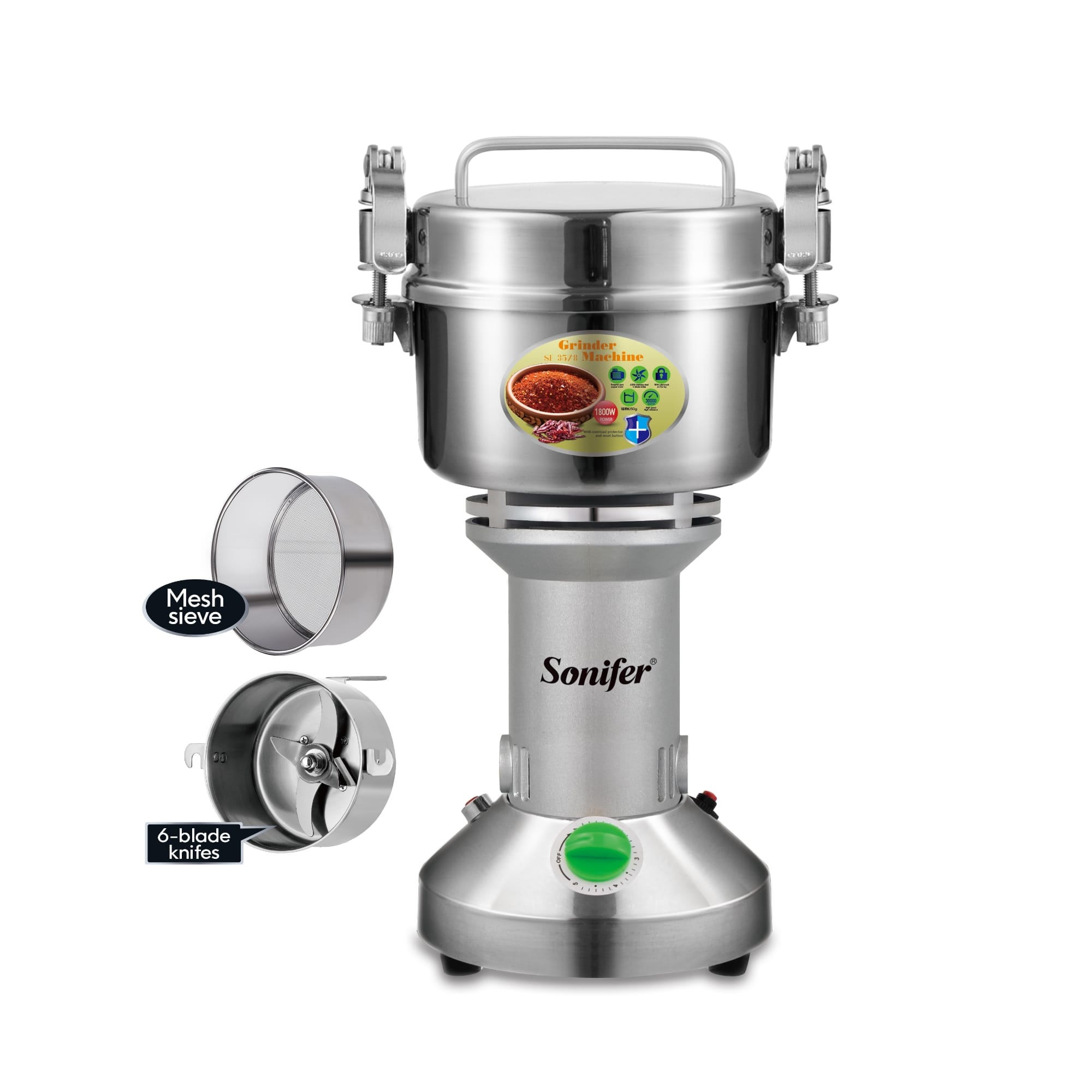 Picture of Sonifer SF-3578 Multifunctional 5 Adjustable High Speed POWER Grinder Electric Kitchen Coffee Beans Grinder 350g Grinding Machines - Silver