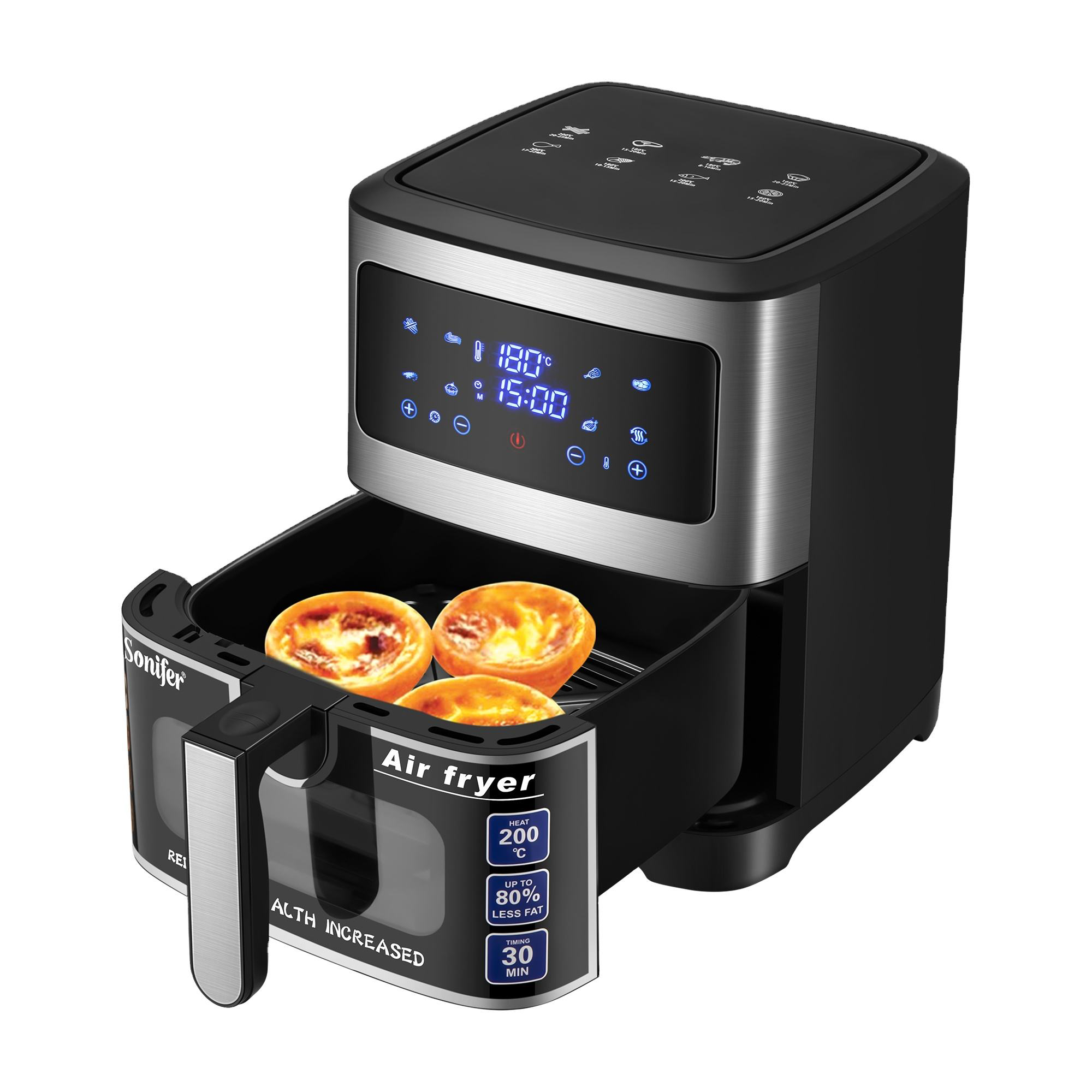 Picture of Sonifer SF-1028 110v Electric Household 6.5 Liter 1450W Non-stick Liner No Oil LED Display Smart Digital air Fryer - Black