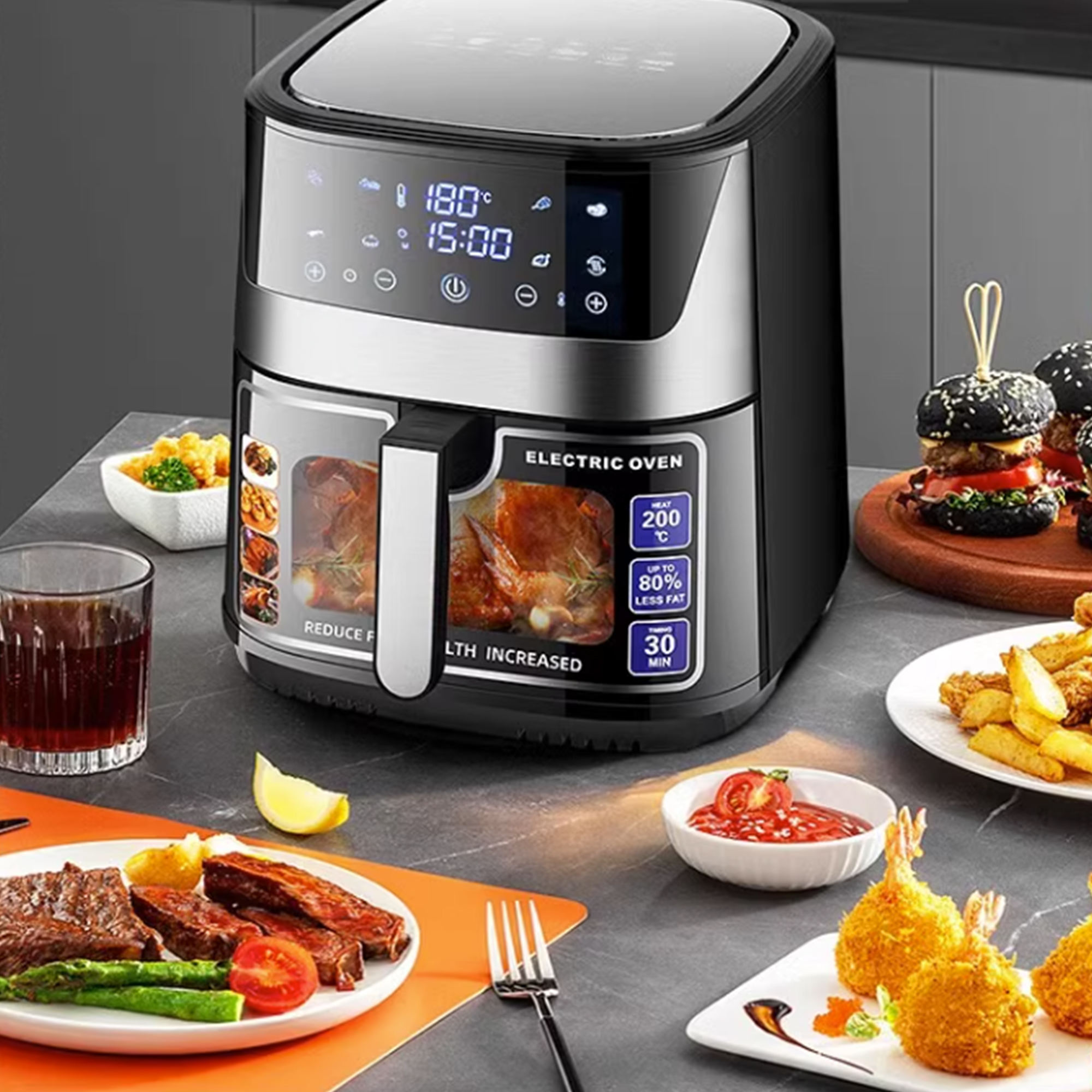 Picture of Sonifer SF-1028 110v Electric Household 6.5 Liter 1450W Non-stick Liner No Oil LED Display Smart Digital air Fryer - Black