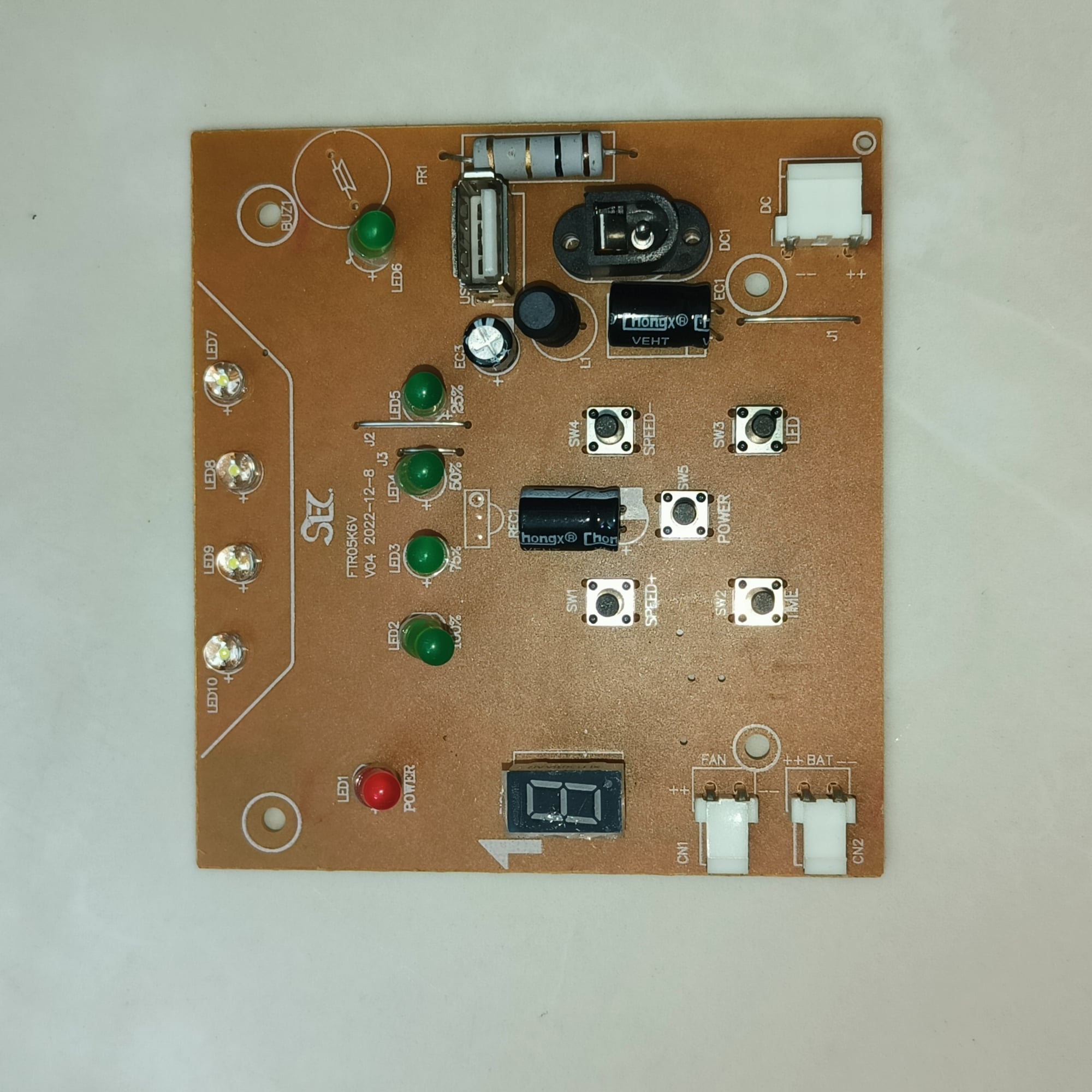 Picture of FTR05K6V Superstar Rechargeable Fan Circuit USB Output Charger Fan PCB Digital Fan Speed LED Display LED Charging Indicator 6V 12V Battery Input Black