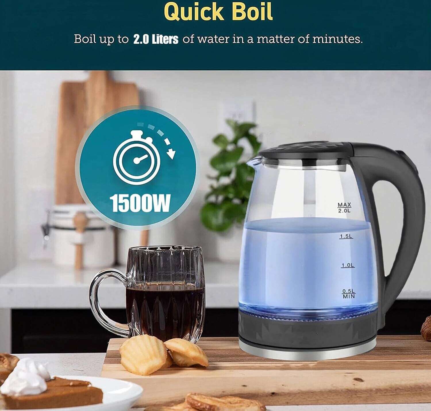Picture of premium Electric Kettle (2 L) With Glass kettle - Automatically turns Off - Automatic Over Heat Protection crystal glass for hot water tea. - Black