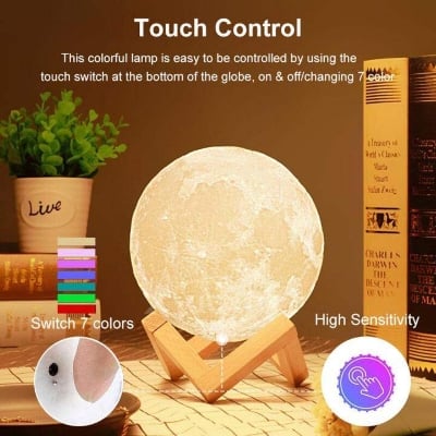 Picture of 3D Print Moon Lamp LED Night Light Touch Switch Creative Moon Light With Remote - 18 CM for Bedroom Decoration & Gift with Wooden Frame For Home Children's Table Lamp Party Birthday Gifts - Table Lamp - White