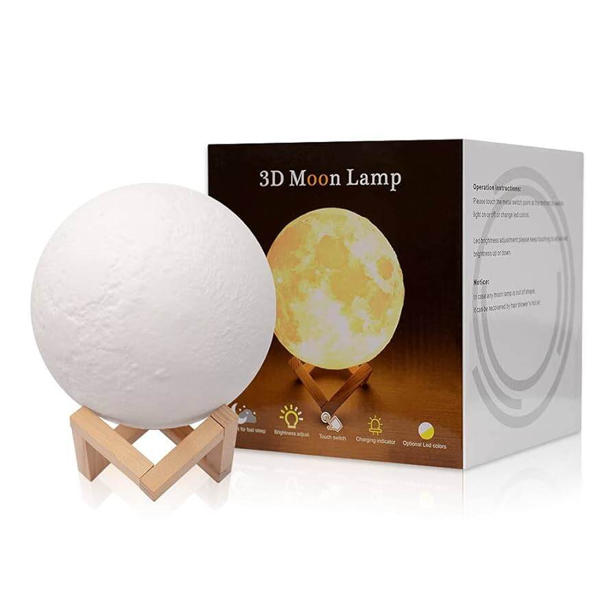 Picture of 3D Print Moon Lamp LED Night Light Touch Switch Creative Moon Light With Remote - 18 CM for Bedroom Decoration & Gift with Wooden Frame For Home Children's Table Lamp Party Birthday Gifts - Table Lamp - White