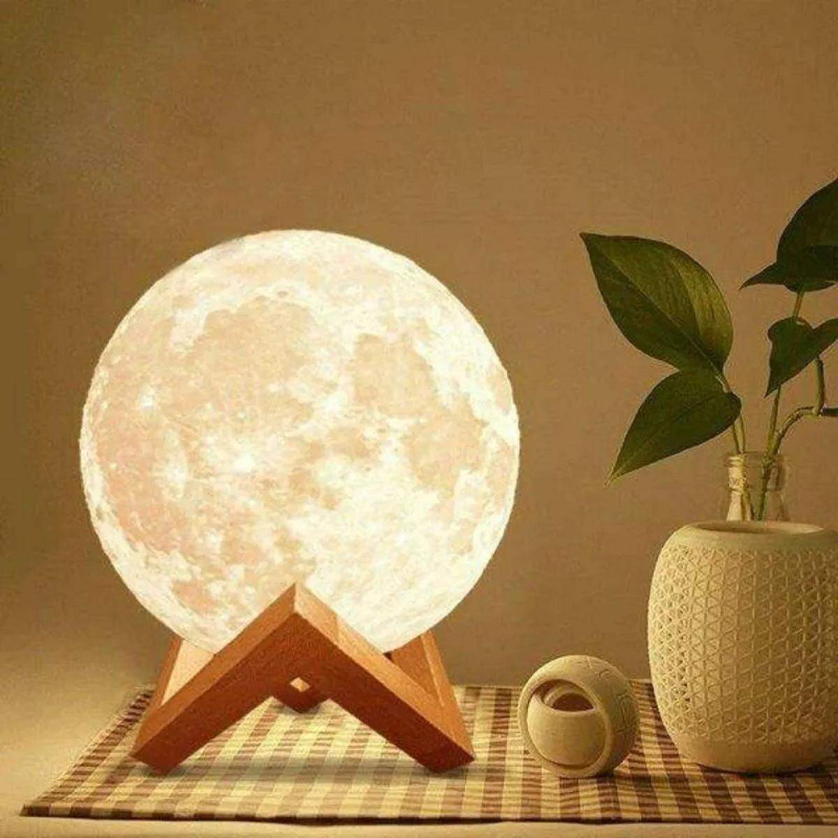 Picture of 3D Print Moon Lamp LED Night Light Touch Switch Creative Moon Light With Remote - 18 CM for Bedroom Decoration & Gift with Wooden Frame For Home Children's Table Lamp Party Birthday Gifts - Table Lamp - White