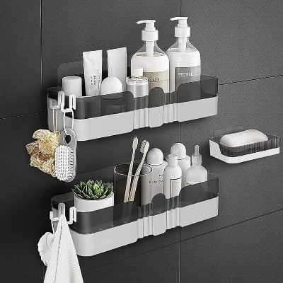 Picture of Premium Bathroom Corner Shelf Wall Mount| Shower Gel & Shampoo Holder| Storage Rack Organizer Plastics Toiletries Holder No Drill Showee - Black