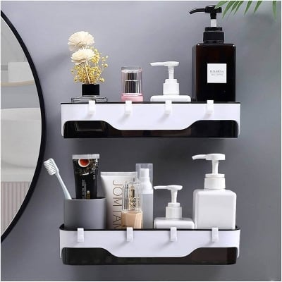 Picture of Premium Bathroom Corner Shelf Wall Mount| Shower Gel & Shampoo Holder| Storage Rack Organizer Plastics Toiletries Holder No Drill Showee - Black