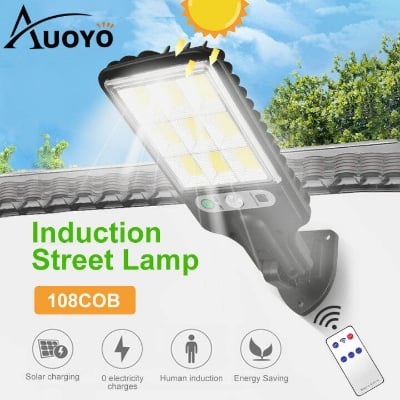 Picture of Powerful 108COB Solar Street 3Mode Waterproof Security Night Solar Motion Sensor Wall Light Wall Mounted PIR LED Solar Light Outdoor Induction Wall Garden Lights Street Area Lighting Night Lights Light/ Road Lamp Remote Control - Black