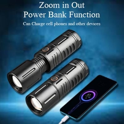 Picture of High Powered T40 LED Flashlight Multi - Purpose Zoomable Strong Light USB Rechargeable Ultra - Bright Torch High Power 2000mAh USB Rechargeable, Built - in 18650 Batteries for Outdoor, Camping & Emergency Use Flashlight - Black
