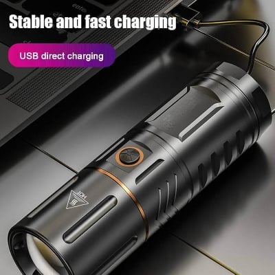 Picture of High Powered T40 LED Flashlight Multi - Purpose Zoomable Strong Light USB Rechargeable Ultra - Bright Torch High Power 2000mAh USB Rechargeable, Built - in 18650 Batteries for Outdoor, Camping & Emergency Use Flashlight - Black