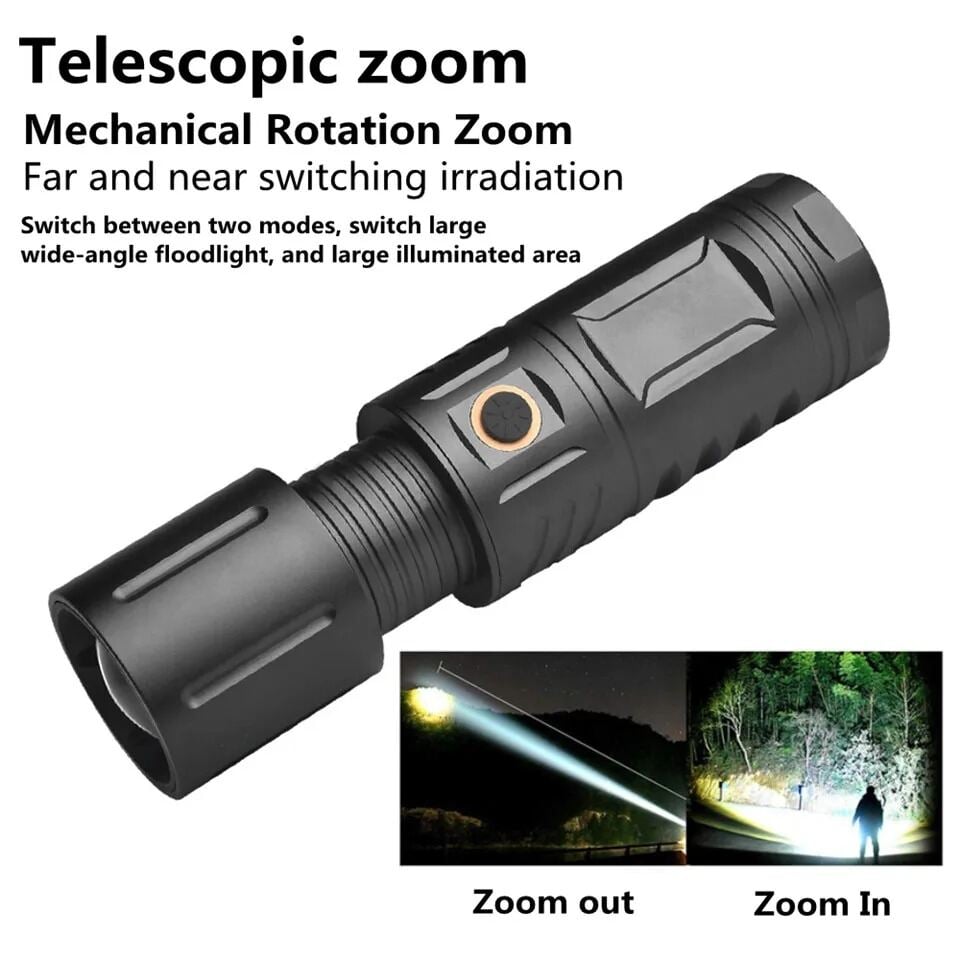 Picture of High Powered T40 LED Flashlight Multi - Purpose Zoomable Strong Light USB Rechargeable Ultra - Bright Torch High Power 2000mAh USB Rechargeable, Built - in 18650 Batteries for Outdoor, Camping & Emergency Use Flashlight - Black