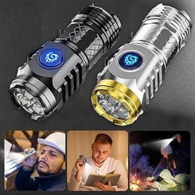 Picture of Mini Metal Super Power Flashlight/ Three - Eyed Monster Rechargeable Torch Mini Tactical Flashlight L - S60 Suitable for Power Outages, Emergencies, Camping, Hiking, and Outdoor Use 82mm Portable Small Flashlight, 5 Modes Ultra - Bright Waterproof Flashlight - Black