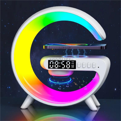 Picture of G63 Speaker Lamp - APP Control 3 in 1 Multi - Function Bluetooth Speaker G Shape LED Wireless Table Speaker Color Changing Alarm Clock Stand Bedside Light New Bluetooth Speaker Colorful Lights Clock Wireless Charging