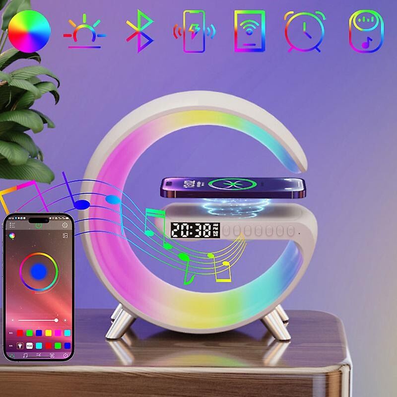 Picture of G63 Speaker Lamp - APP Control 3 in 1 Multi - Function Bluetooth Speaker G Shape LED Wireless Table Speaker Color Changing Alarm Clock Stand Bedside Light New Bluetooth Speaker Colorful Lights Clock Wireless Charging