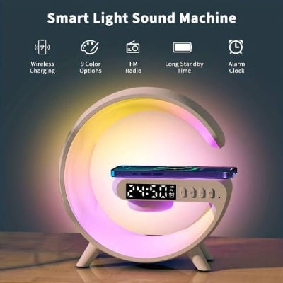 Picture of G63 Speaker Lamp - APP Control 3 in 1 Multi - Function Bluetooth Speaker G Shape LED Wireless Table Speaker Color Changing Alarm Clock Stand Bedside Light New Bluetooth Speaker Colorful Lights Clock Wireless Charging