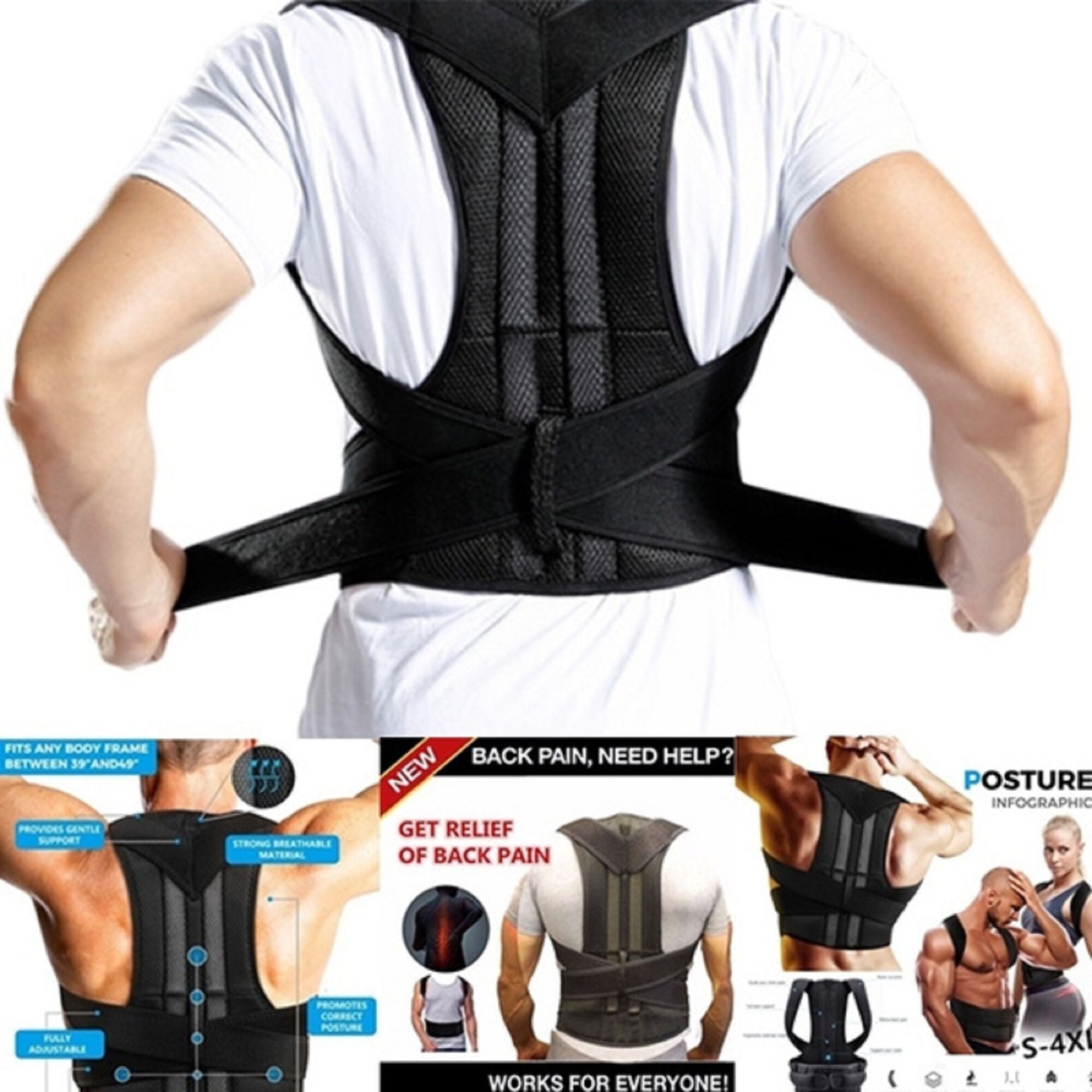 Picture of Adjustable Back Posture Corrector Back Pain Relief Spine Waist Support Correction Straps Posture Belt For Men Women Shoulder Brace Belt Straighten - Black
