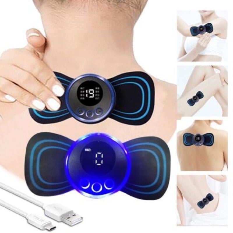 Picture of New EMS Mini Massager With 2 Pad Rechargeable Full Body Relaxation Pain Relief Machine Device Muscle Stimulator Neck Pulse Massager Electric Therapy LCD Display Stretcher - Black