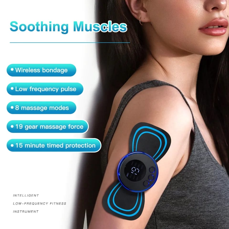 Picture of New EMS Mini Massager With 2 Pad Rechargeable Full Body Relaxation Pain Relief Machine Device Muscle Stimulator Neck Pulse Massager Electric Therapy LCD Display Stretcher - Black
