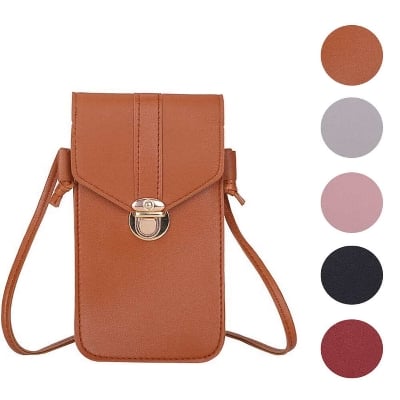 Picture of Women's PU Leather Phone Holder Mobile Phone Bag With Neck Strap Wallets Touch Screen Bags(Brown, Red, Maroon, Ash, Black) One - Shoulder Crossbody Bag is fashionable and versatile Solid Color Casual HandbagSlant Mini Bag Stylish/ Fashionable Women/ Girls