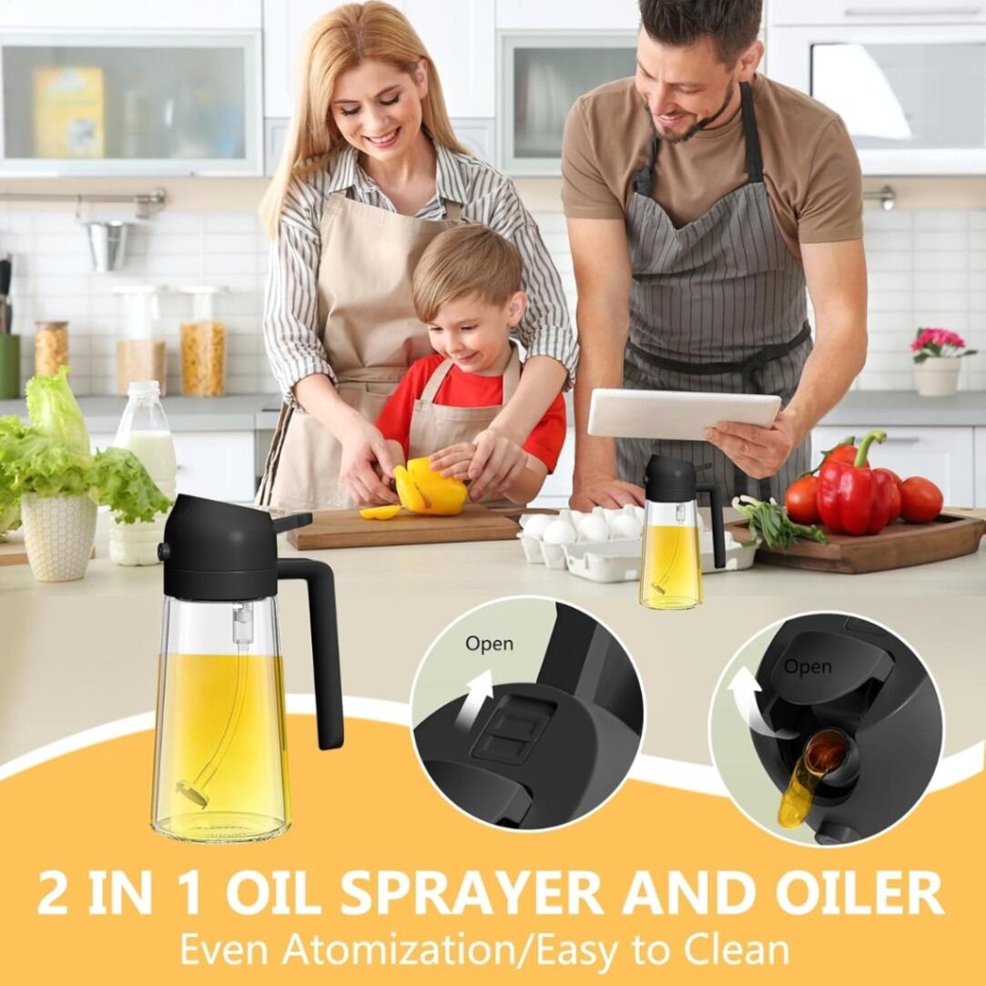 Picture of New 2 in 1 Oil Sprayer and Oil Dispenser Glass Bottle 500ml Ideal for Salad, Cooking, BBQ, Grilling, Air Fryer & Kitchen Use| Olive & Soybean Oil Sprayer Jar for Healthy Cooking - Multicolor