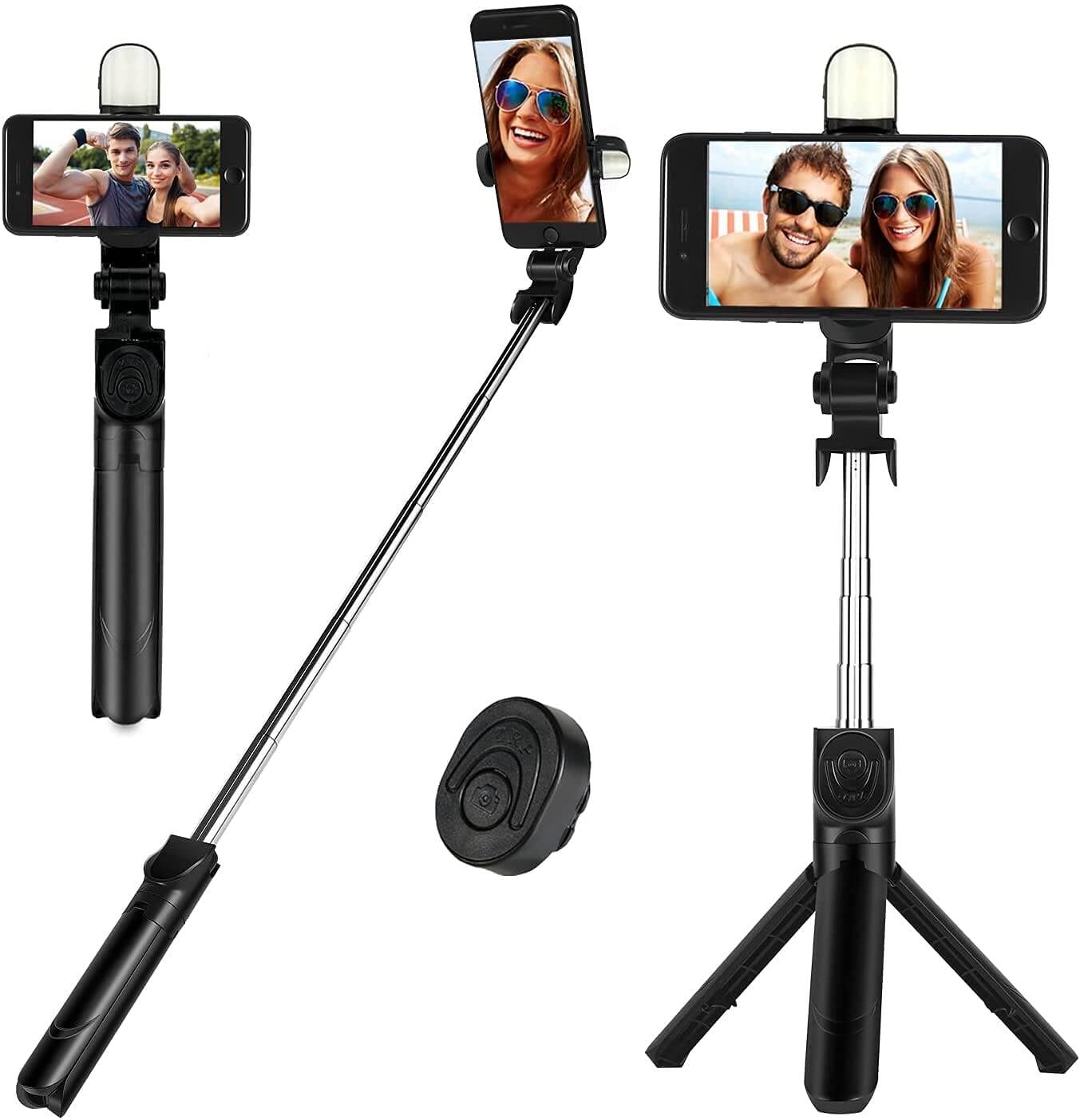 Picture of Q07/ N08 Selfie Stick Foldable Mini Tripod with Fill Light Bluetooth Remote Shutter Retractable Rod for Phone (100cm) with Tripod Stand, Bluetooth Extendable Tripod for Mobile Phone, 3 - in - 1Multifunctional Selfie Stick All Phones sELFIE Tripod - Black