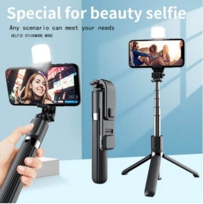 Picture of Q07/ N08 Selfie Stick Foldable Mini Tripod with Fill Light Bluetooth Remote Shutter Retractable Rod for Phone (100cm) with Tripod Stand, Bluetooth Extendable Tripod for Mobile Phone, 3 - in - 1Multifunctional Selfie Stick All Phones sELFIE Tripod - Black