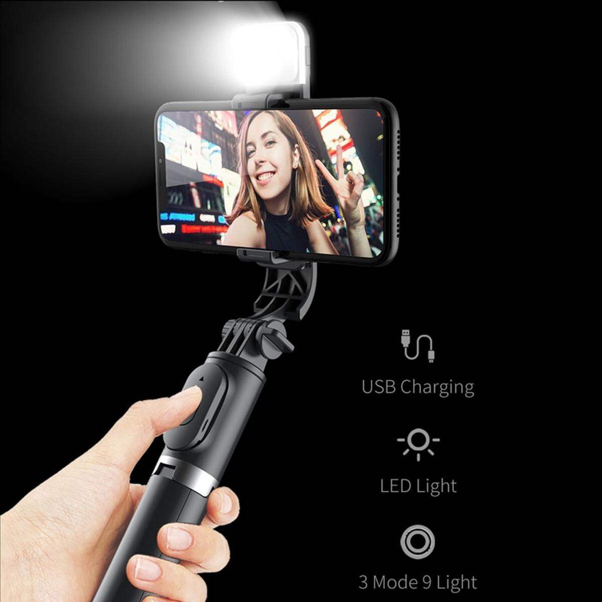 Picture of Q07/ N08 Selfie Stick Foldable Mini Tripod with Fill Light Bluetooth Remote Shutter Retractable Rod for Phone (100cm) with Tripod Stand, Bluetooth Extendable Tripod for Mobile Phone, 3 - in - 1Multifunctional Selfie Stick All Phones sELFIE Tripod - Black